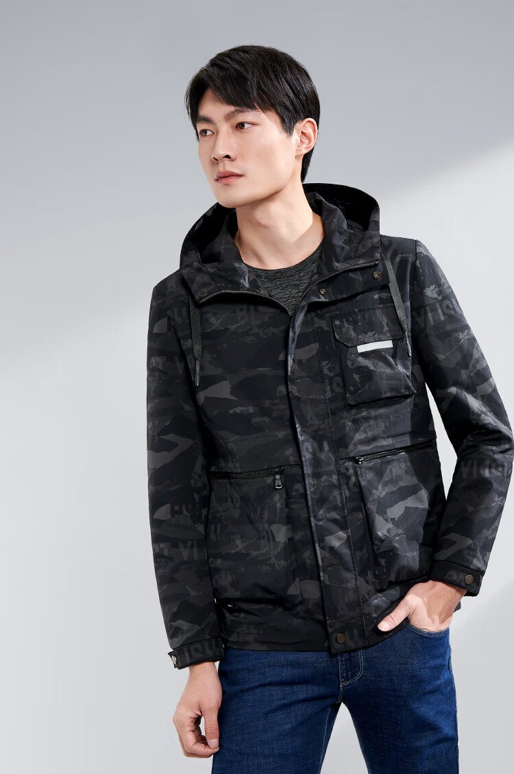 hla海澜之家夹克男连帽迷彩花纹时尚有型休闲大口袋外套男hwjad1q011a