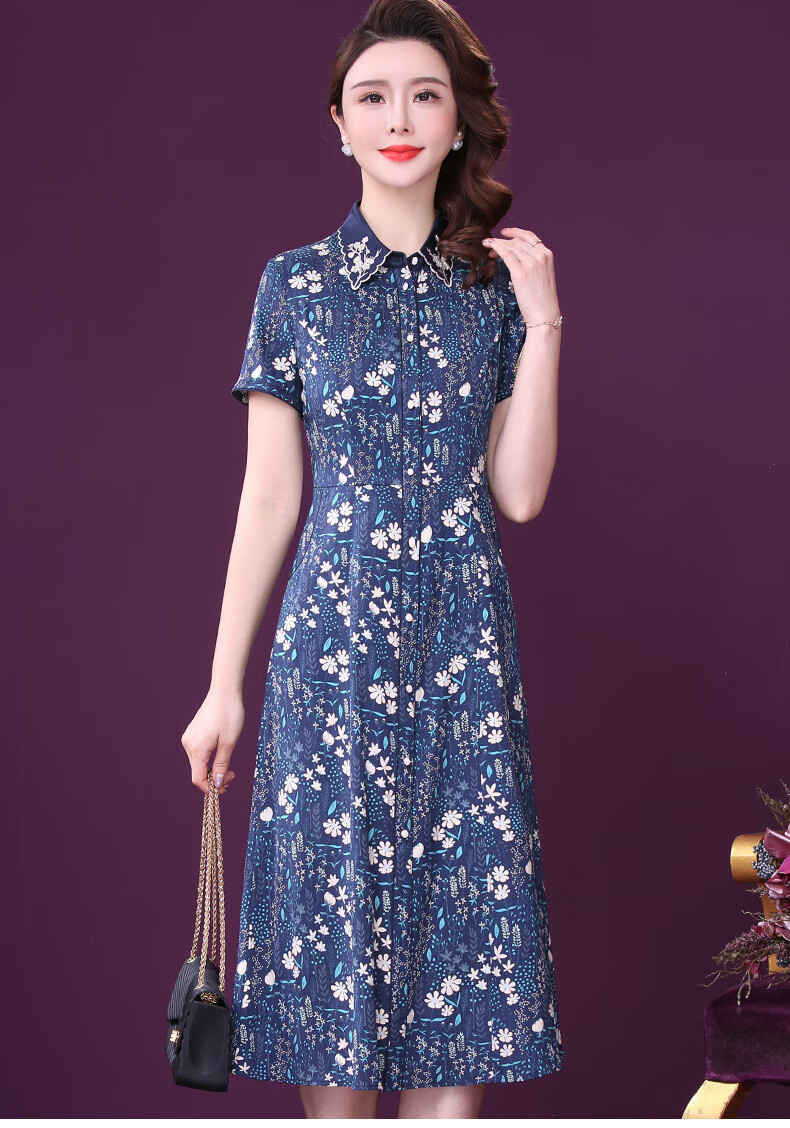 王小鸭桑蚕丝连衣裙女2021春夏新款手工刺绣复古缎面妈妈裙子蓝色2xl