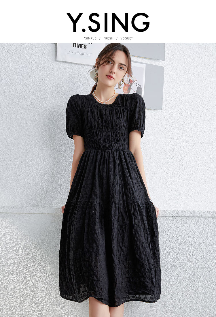 黑色泡泡袖连衣裙女衣香丽影春夏季法式复古气质小黑裙女装黑色m