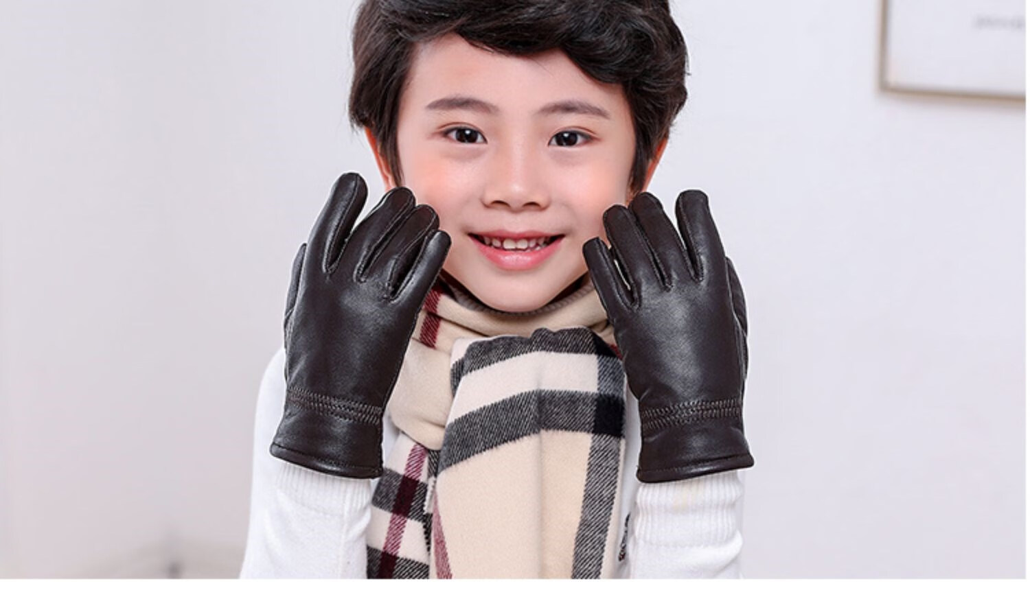儿童皮手套冬季男童保暖玩雪冬天小孩加绒真皮女童小学生五指防水 军