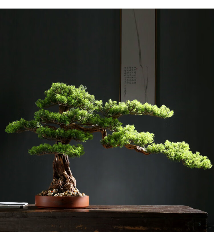 现代新中式仿真迎客松盆景盆栽植物大样板房间售楼处客厅玄关摆件