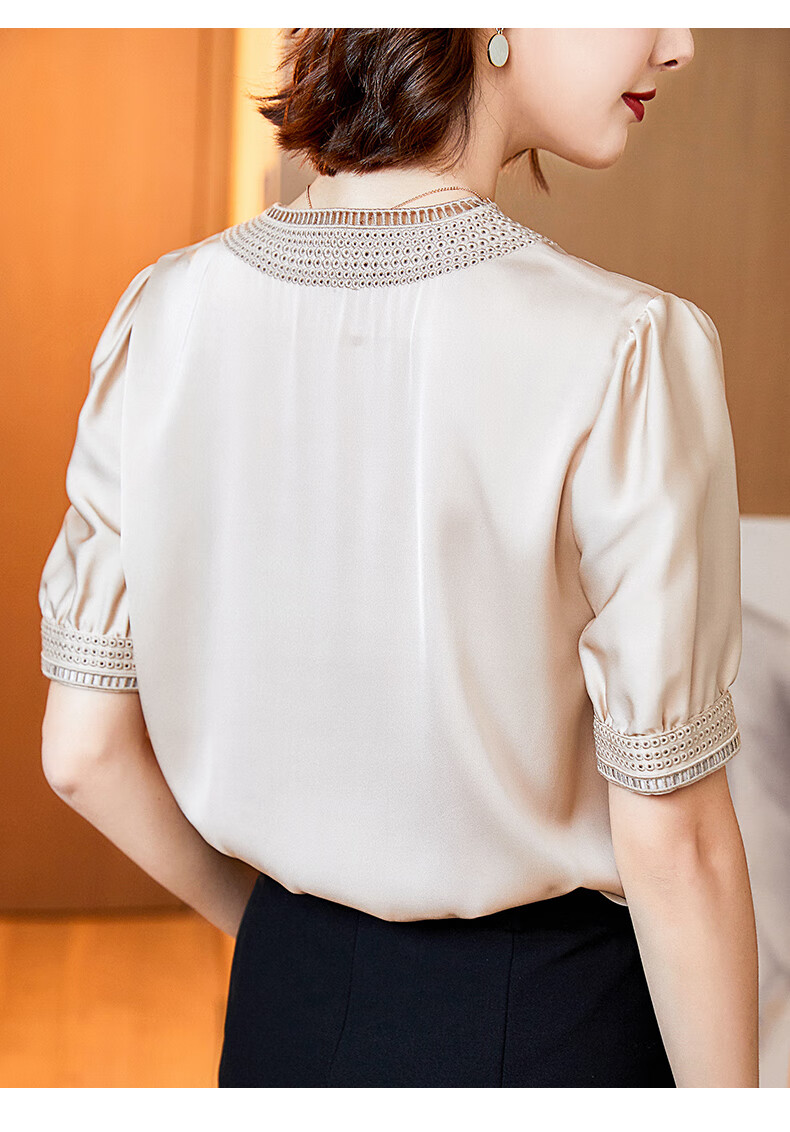 重磅真丝衬衫女2021夏季新款v领港风上衣中袖设计感桑蚕丝滑衬衣 白色