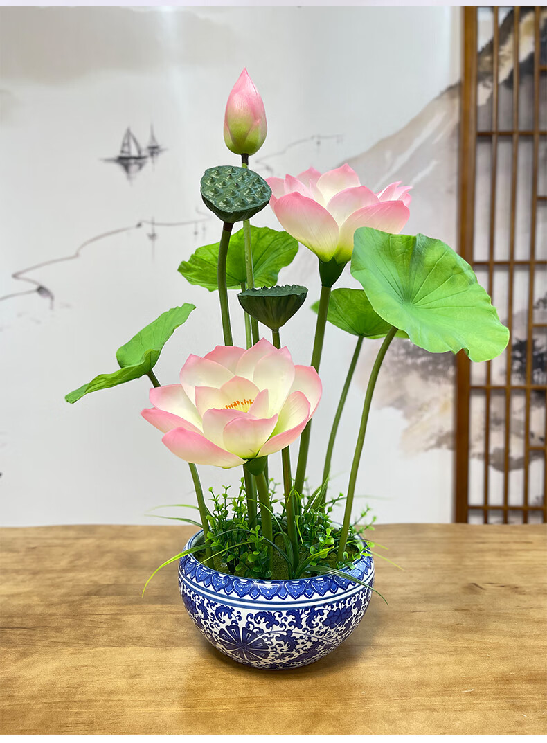 wo 高档大型手感仿真莲花新中式荷花摆件假花盆栽插花艺客厅装饰摆设