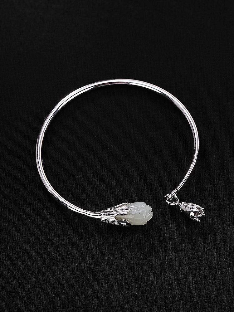 银镶嵌天然和田玉白玉兰花复古简约女士开口手镯手环 925纯银 925银