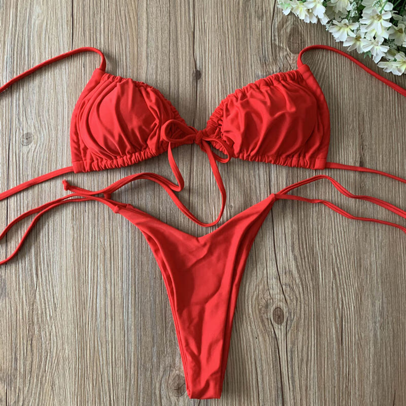 欧美新款泳衣女性感三角比基尼抽绳绑带小胸三点式bikini温泉泳装浅