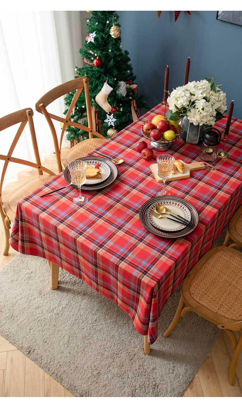 瑾韵圣诞节桌布苏格兰绿色格子餐布长方形家用台布艺拍照感棉麻美式