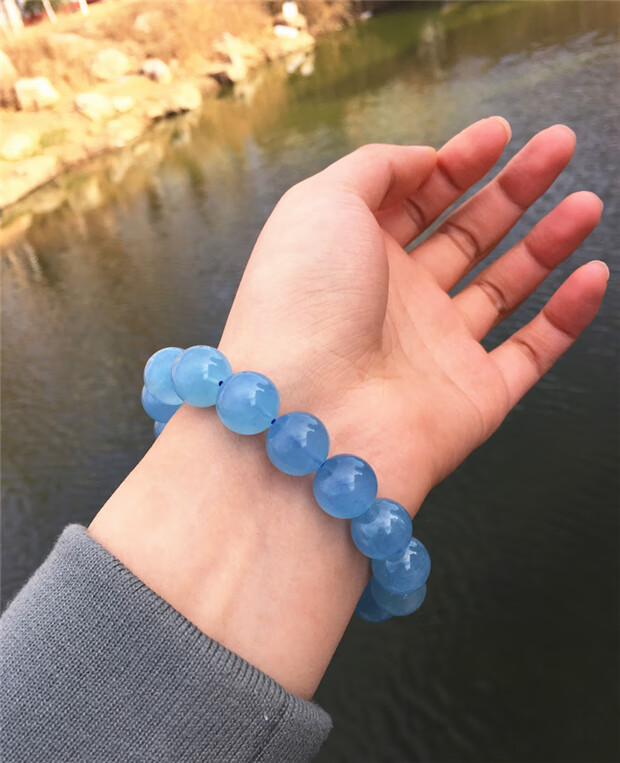 艾彩天然巴西海蓝宝手链一物一图糯种润蓝色单圈饰品手串奶油体 a0527