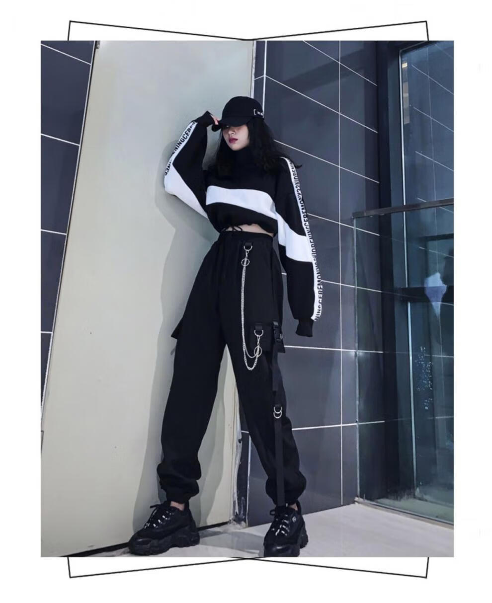 高腰显瘦工装裤女套装女小个子超酷帅气炸街束脚裤黑白上衣春秋款3xl