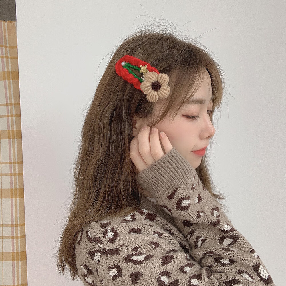 秋冬可爱毛绒发圈圣诞节麋鹿发夹刘海夹边夹少女心发饰头饰 6#卡其花