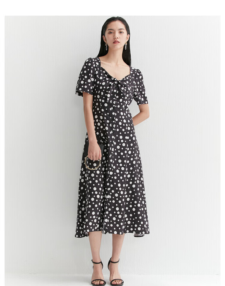 曼娅奴波点连衣裙女法式方领2021春夏新款高腰中长裙子ml12da095 黑底