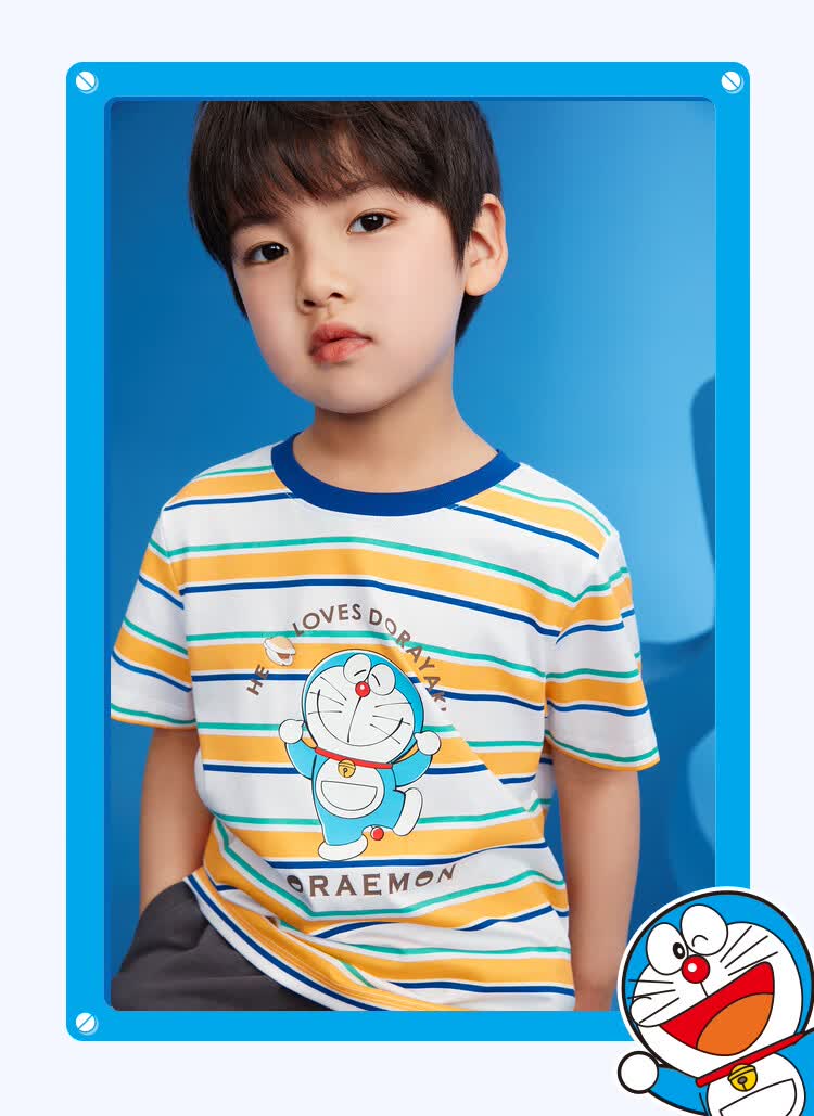 hla海澜之家哆啦a梦撞色条纹短袖t恤2021夏新品新疆棉短t儿童款hntkj2
