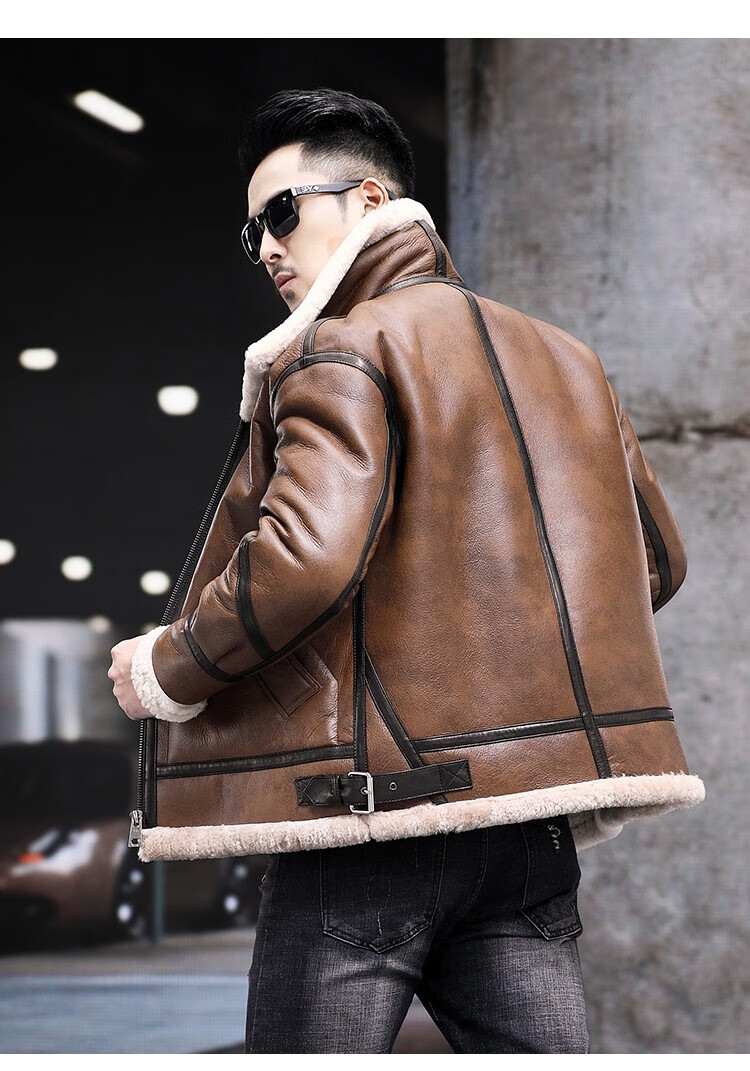 蒙羽森品牌轻奢高端中青年男士b3飞行服机车夹克原生态皮毛一体短款