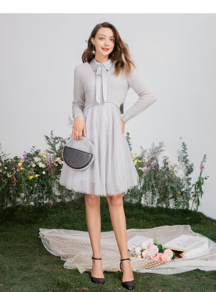 时尚套装女佳人苑2021年春季新款气质网纱连衣裙套头毛衫套装 冷灰色