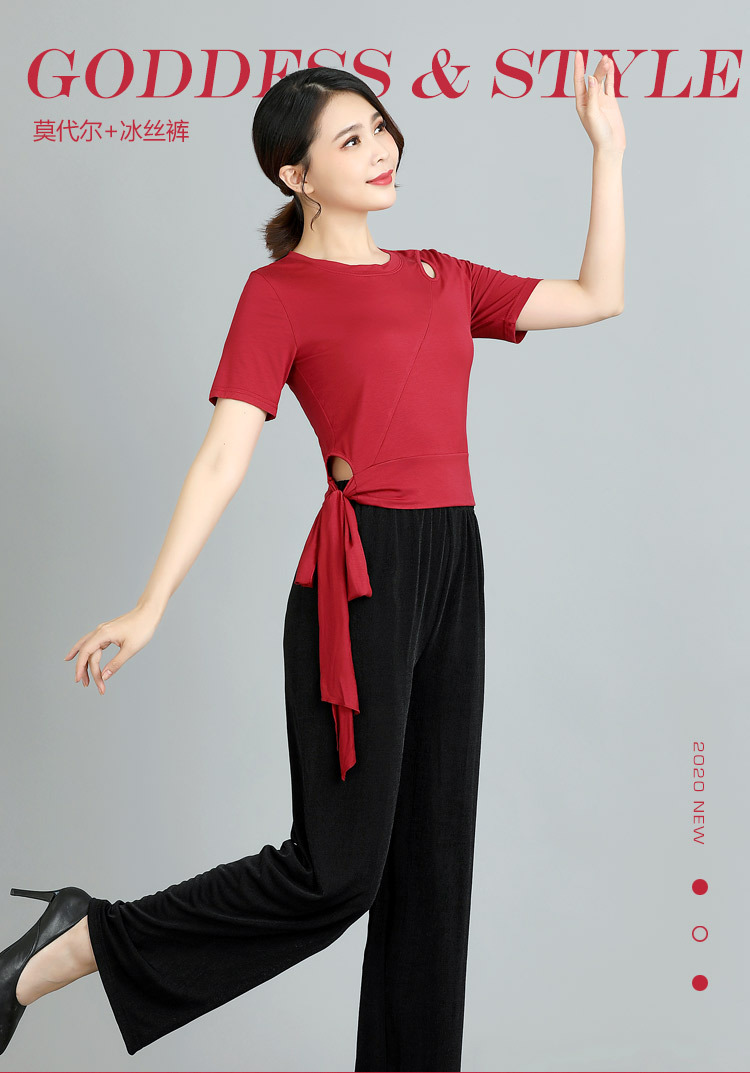 夏季新款广场舞服装套装莫代尔短袖上衣中老年演出舞蹈服黑色冰丝裤l