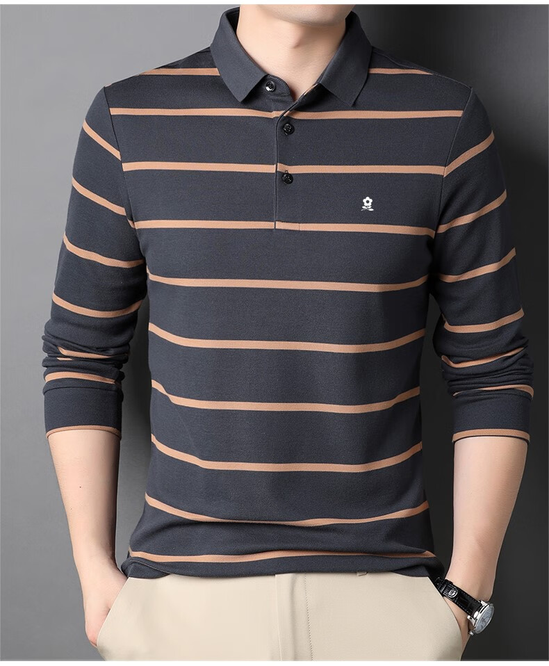 梦特娇2021秋季新款男士长袖t恤翻领条纹polo保罗衫男纯棉打底衫潮t恤