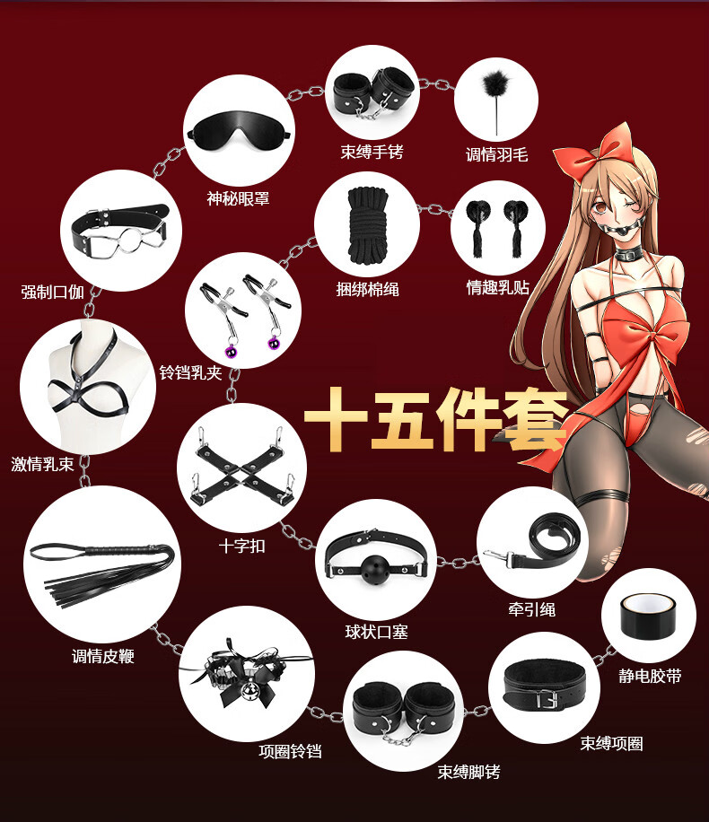 情趣用品床上用情手铐捆绑套装另类玩具性工具乳夹皮鞭用具 15件套