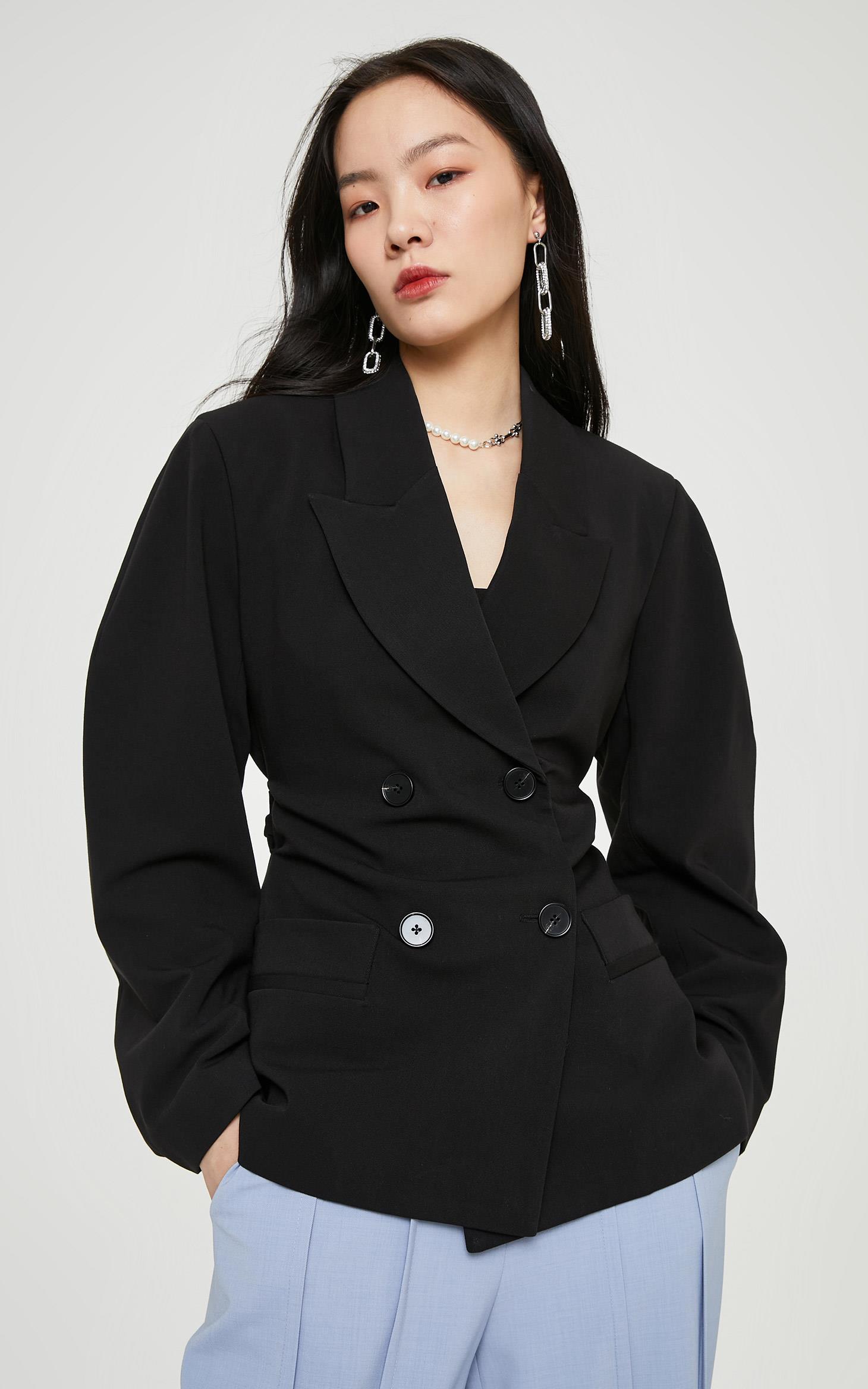 selected思莱德女新款大气男友风黑色系带西装外套s421108012 黑色