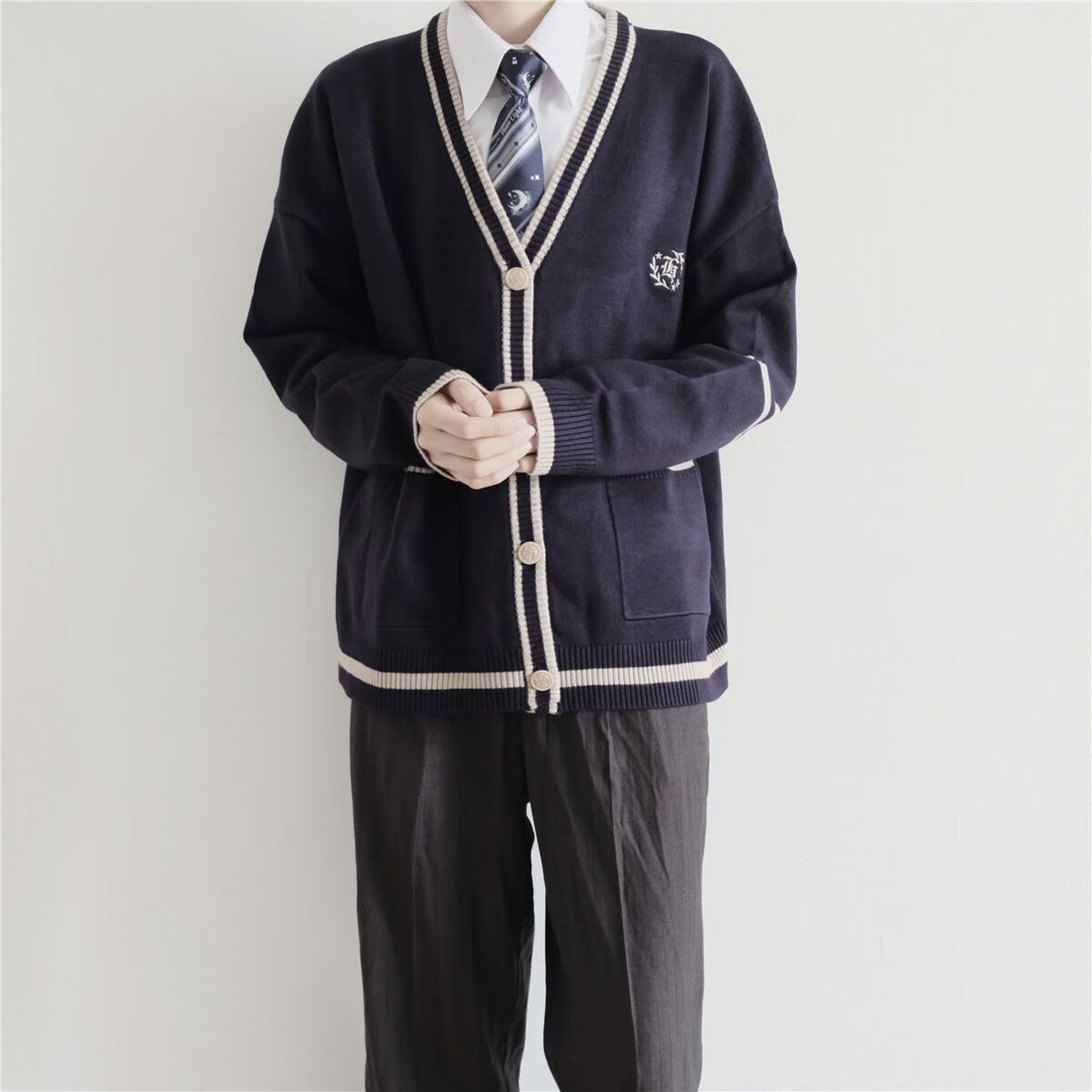 【特价捡漏】针织开衫男 日系原创jk/dk制服针织拼色开衫毛衣外套