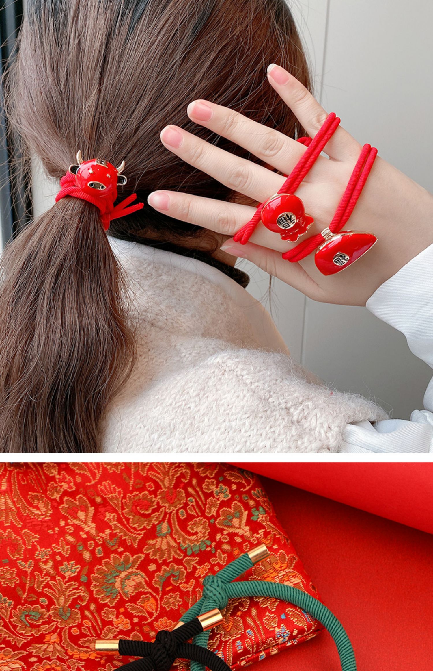 牛年新年头饰大红色少女扎马尾发圈扎头发皮筋女新春头绳红色招财猫
