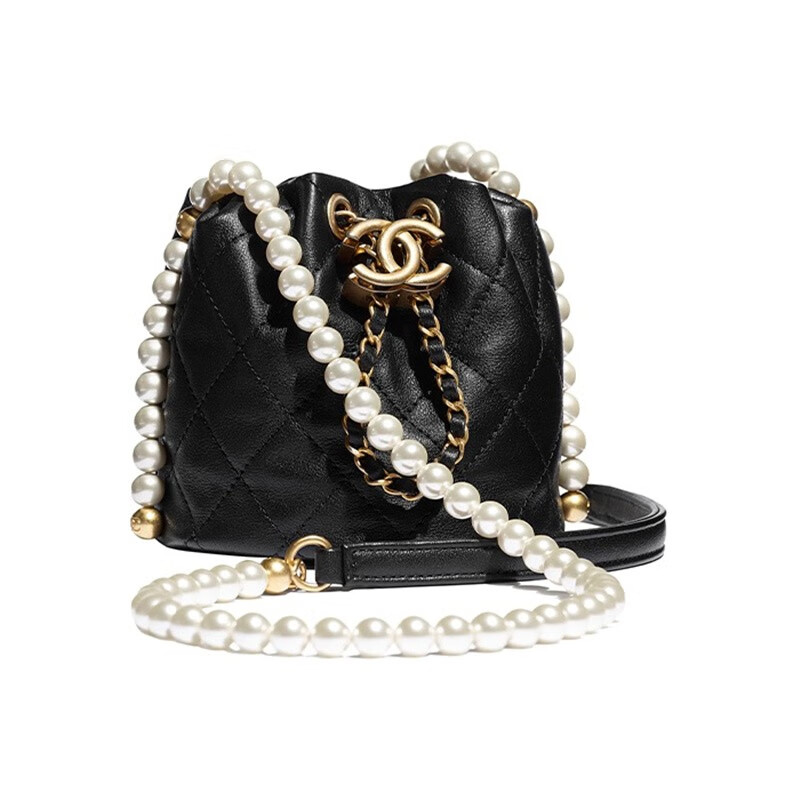 chanel香奈儿女包经典款mini黑色金扣珍珠抽绳水桶包链条单肩包as2529