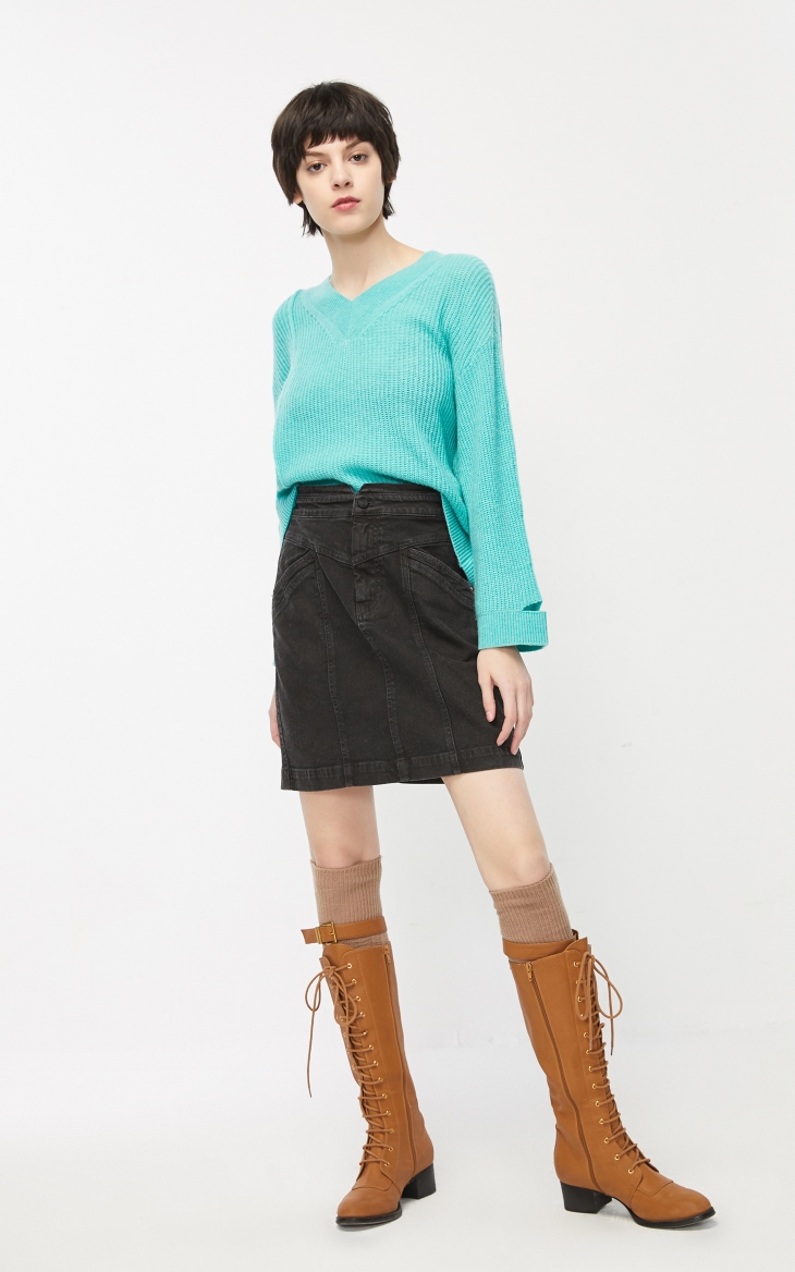 only2019冬季新款短款高腰直筒压线半身裙女120116501 e05 绿棕色