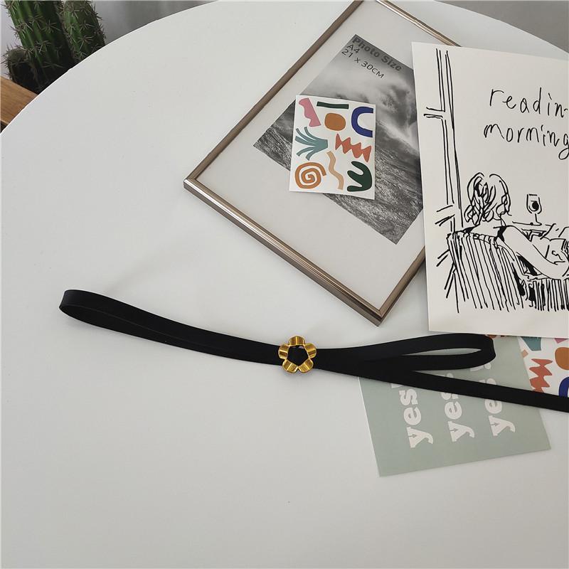皮带女士休闲百搭简约细腰带金色花朵无孔针扣装饰连衣裙裤带学生哈尼