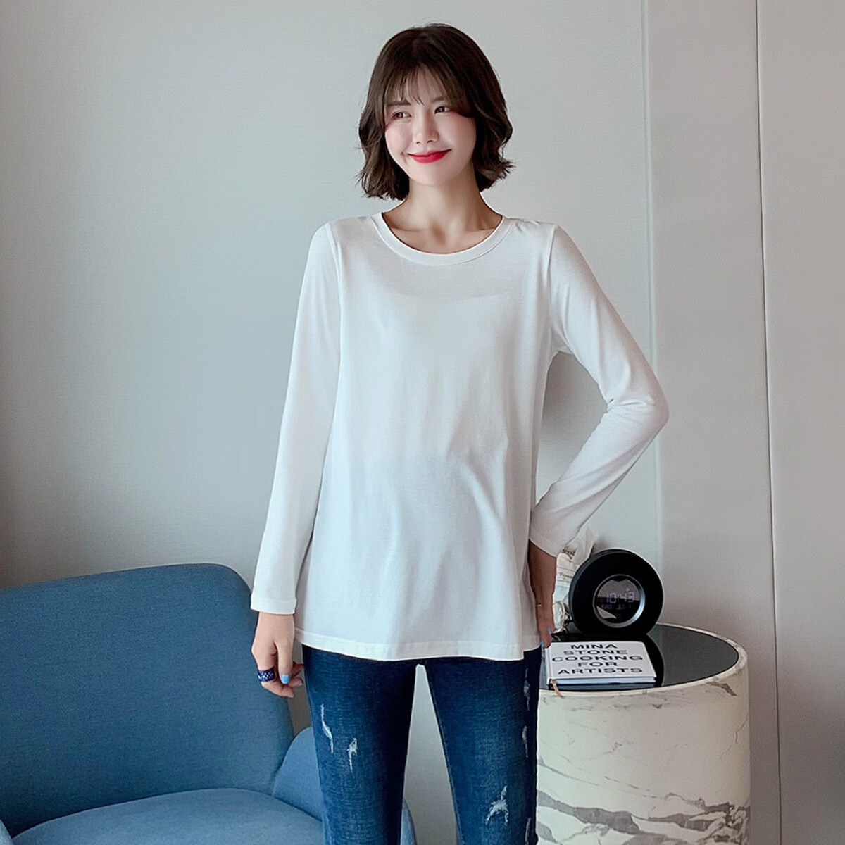 春秋季长袖孕妇上衣韩版孕妇装纯色孕妇打底衫白色t恤基本款纯白色