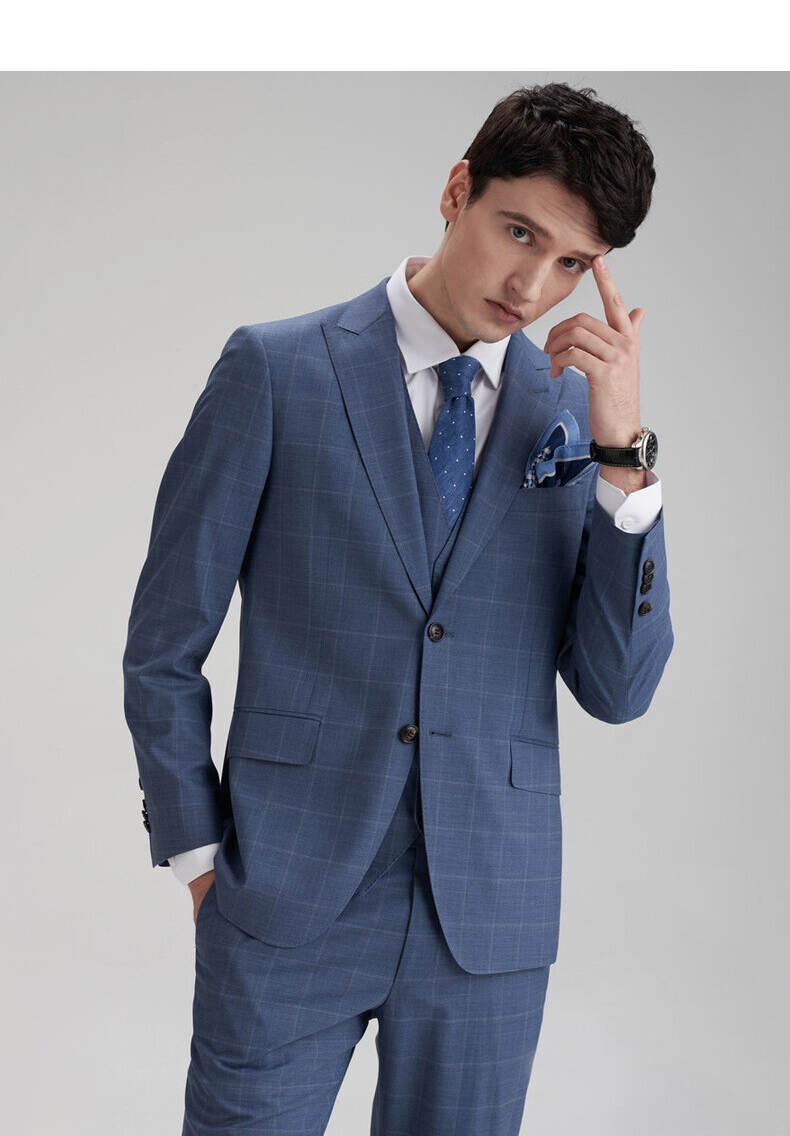 boni/堡尼商务男装西服西裤格纹西装春新品男士羊毛混纺西装薄款 套