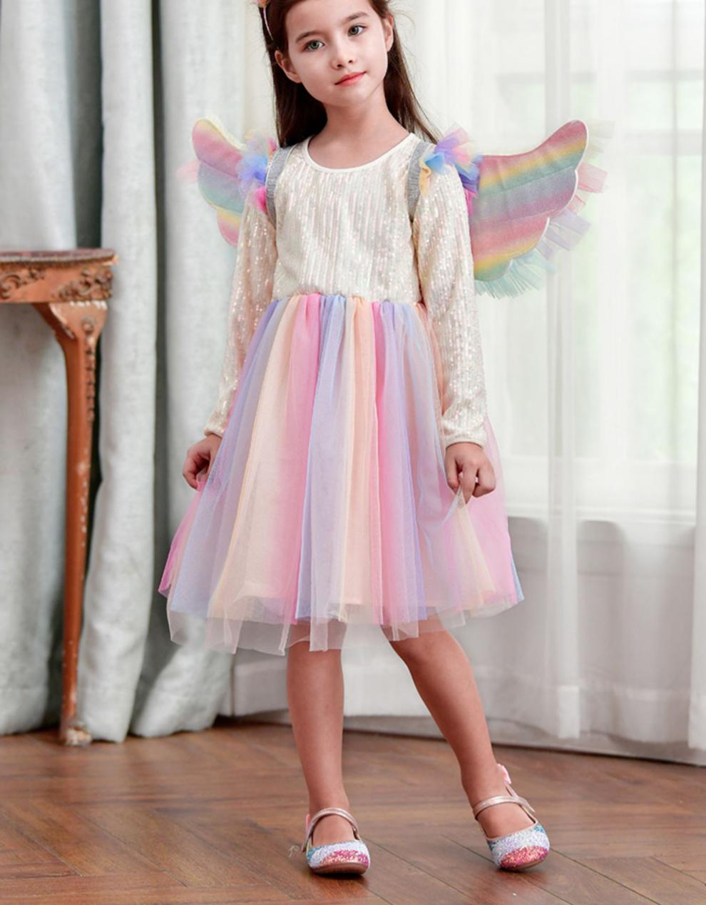 女童春秋新款连衣裙小女孩彩虹裙儿童洋气春款独角兽公主裙 长袖 翅膀