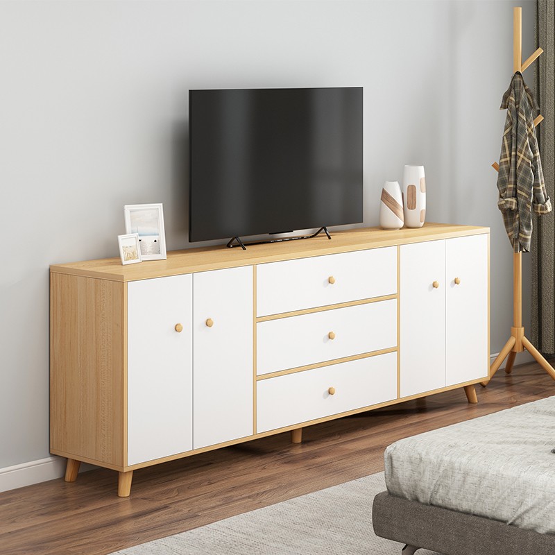 家具实木桌腿小户型电视机墙背景边柜组合f款140m橡胶木色白五门粗腿