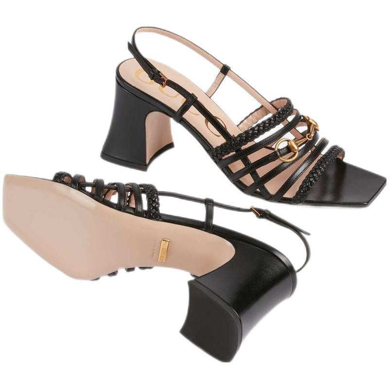 gucci古驰女鞋马衔扣女士皮革凉鞋高跟鞋645404 c9d00 1000黑色预售