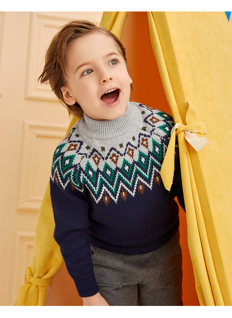 eland kids衣恋冬季童装男童半高领保暖舒适休闲毛衣民族风童装 象牙