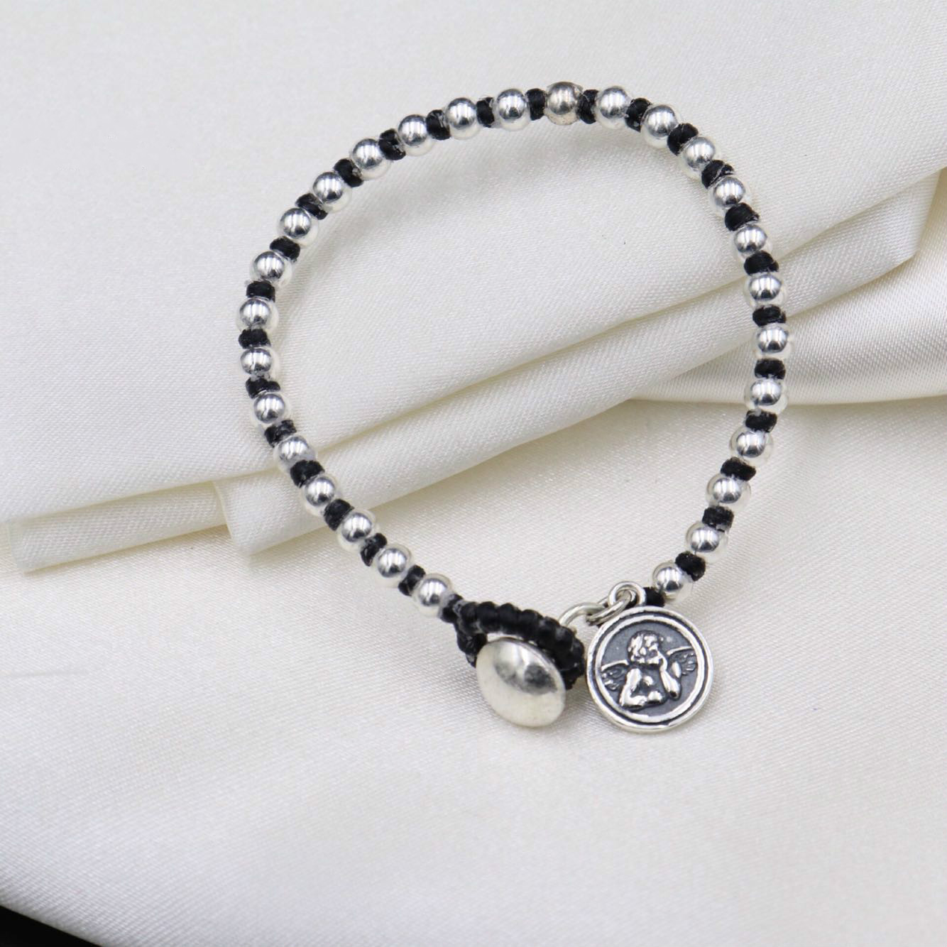 林彦俊同款 s925银天使翅膀宝宝圆珠手链 蜡绳手工编织男 女 大款牌