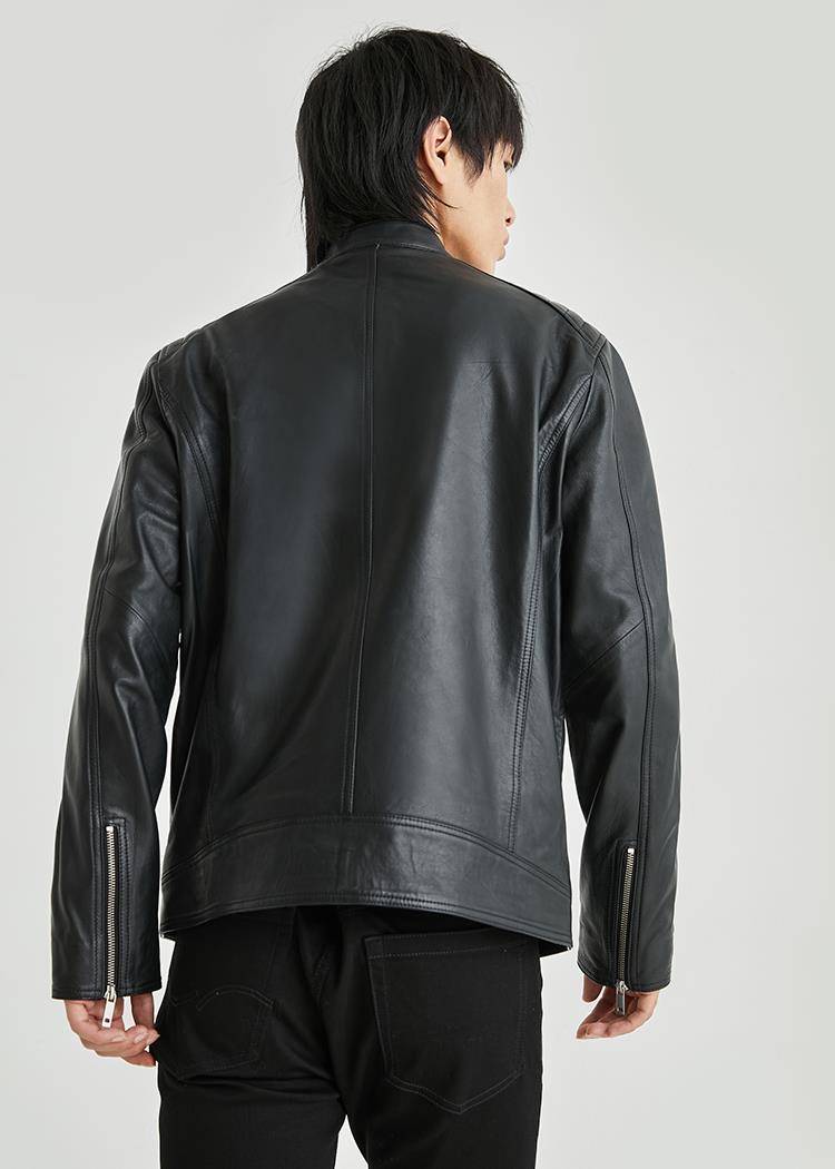 jackjones杰克琼斯秋季男士潮机车服真皮羊皮夹克220410001 黑 165