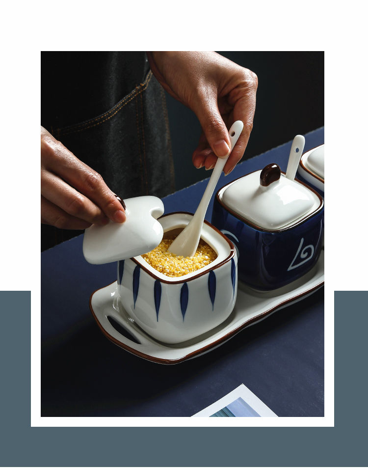 日式家用厨房调味罐陶瓷味精调味料组合套装带勺盐糖罐子单个千叶调味