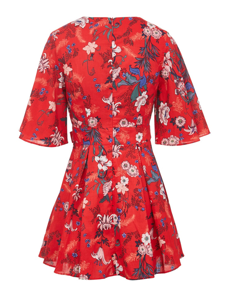 only2020夏季新款时尚印花设计系带高腰显瘦连衣裙女120207538 红色