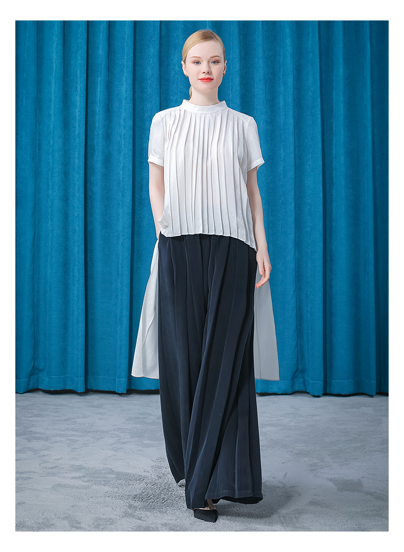 voa真丝提花半高领短袖工字褶超大版前短后长披风式长款白色t恤be550