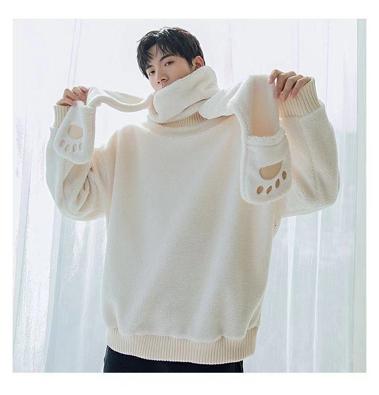 冬季情侣韩版慵懒风可爱熊耳朵上衣男带围巾帽子可拆卸连帽卫衣紫色加