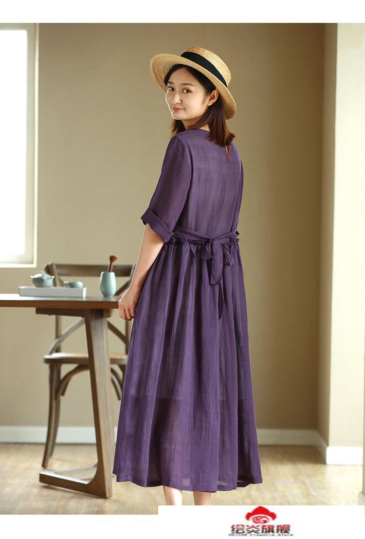 好质量女王轻奢苎麻连衣裙女装春秋季白色棉麻高腰显瘦文艺宽松圆领小