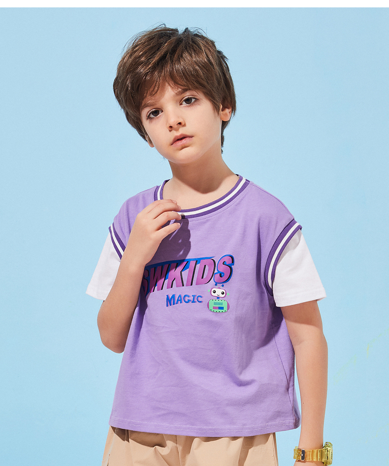 七匹狼男童短袖t恤儿童2021夏季新款童装小中大童假两件短t男孩子圆领