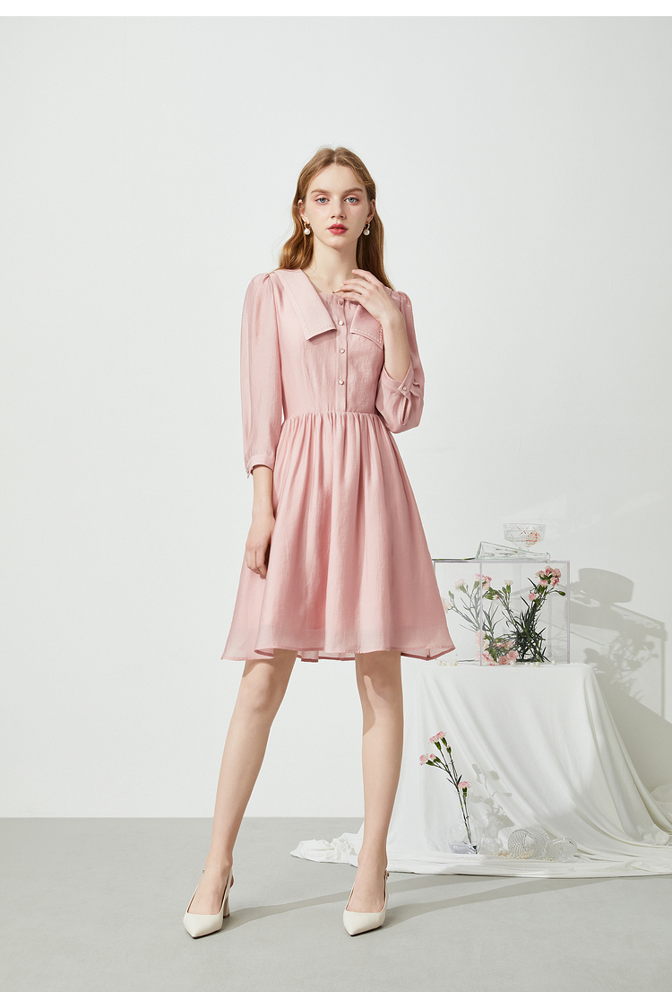 秋水伊人法式连衣裙春2021新款女装气质淑女七分袖娃娃领长裙女 粉桔