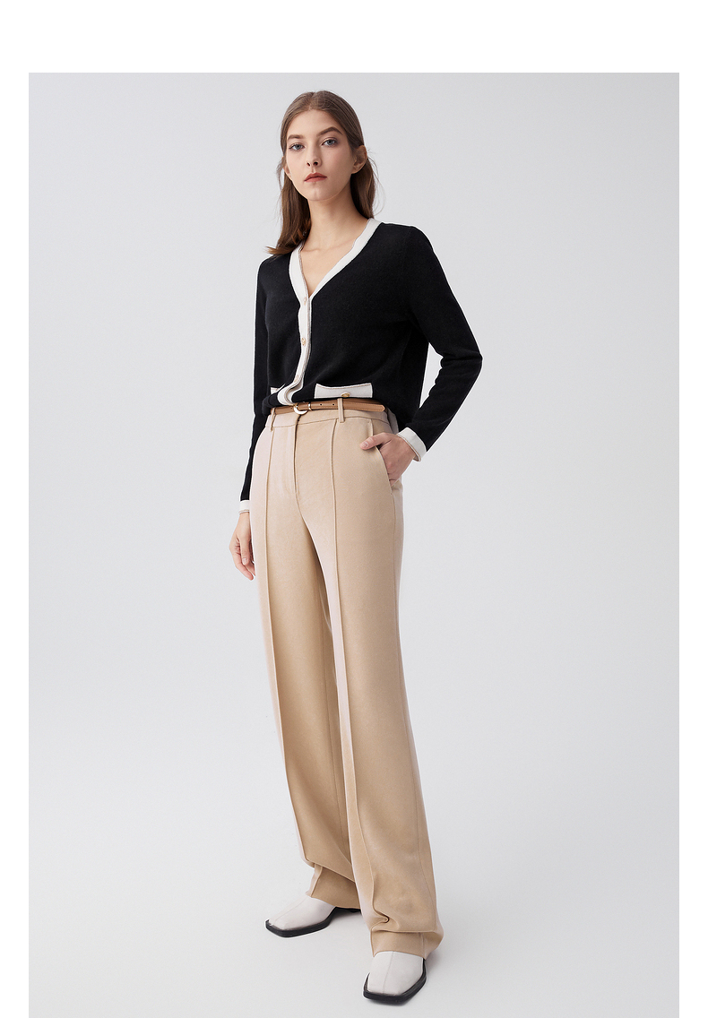 朗姿进口三醋酸西装女裤2022年春季新款显瘦垂坠高腰直筒长裤米白色