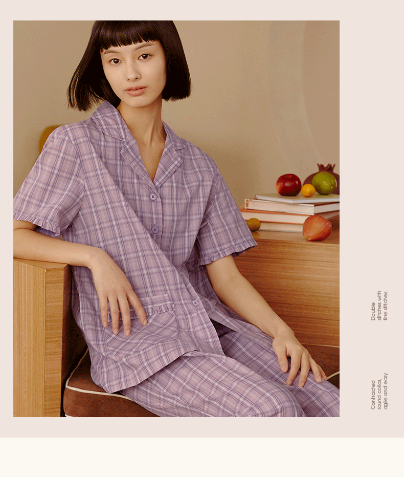 三枪睡衣男女纯棉肤简约条纹休闲宽松2021春夏季情侣家居服套装粉格