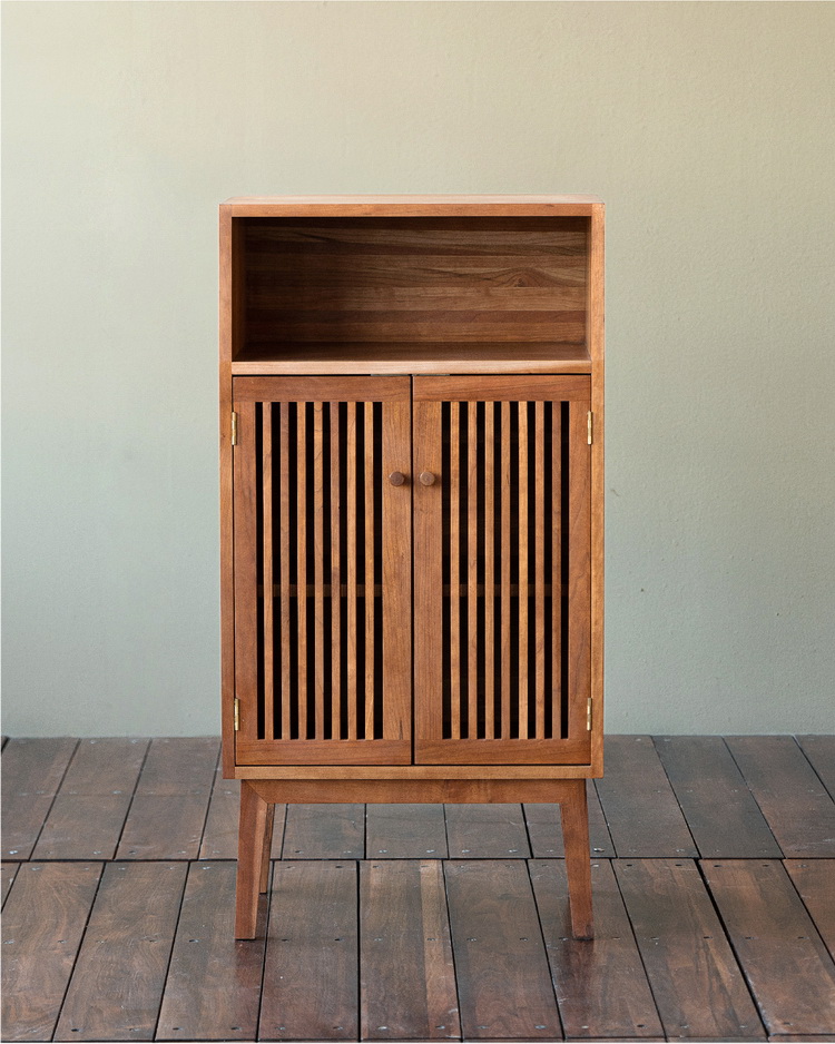 mumo木墨格栅边柜樱桃木黑胡桃木茶室客厅厨房储物柜实木家具圆腿黑