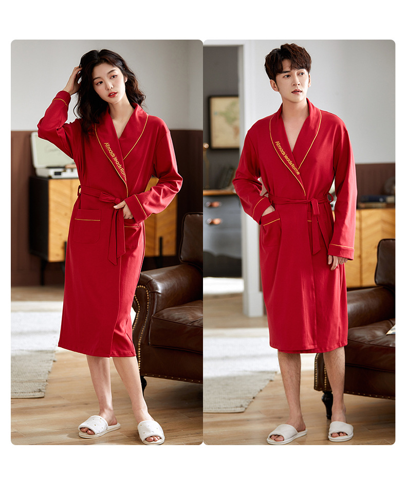 新郎新娘结婚大红色新婚结婚浴衣喜庆新婚情侣睡袍春秋女棉长袖浴袍