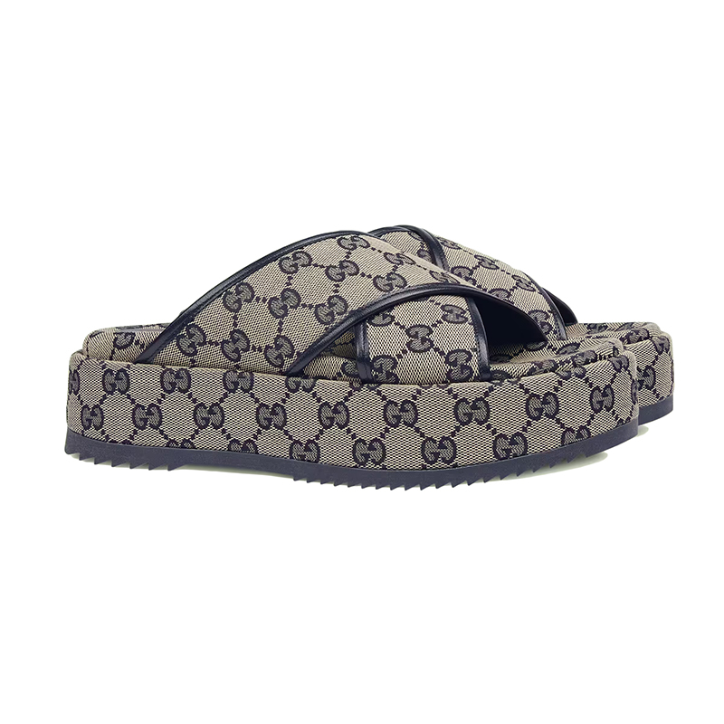 gucci/古驰 22年春夏新款 女士米色/蓝色经典老花帆布防水台拖鞋 米色