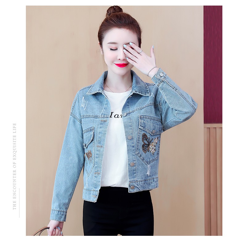 快乐嘉人牛仔外套女2021春季刺绣糖果色短款修身女士彩色百搭休闲夹克