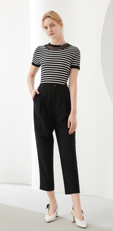 juzui玖姿官方店女裤夏季绑带黑色时尚弹力休闲裤女素黑s