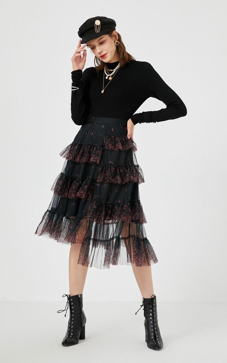 vero moda秋季新款碎花薄纱蛋糕裙半身裙320316008 s59黑色 170/72a