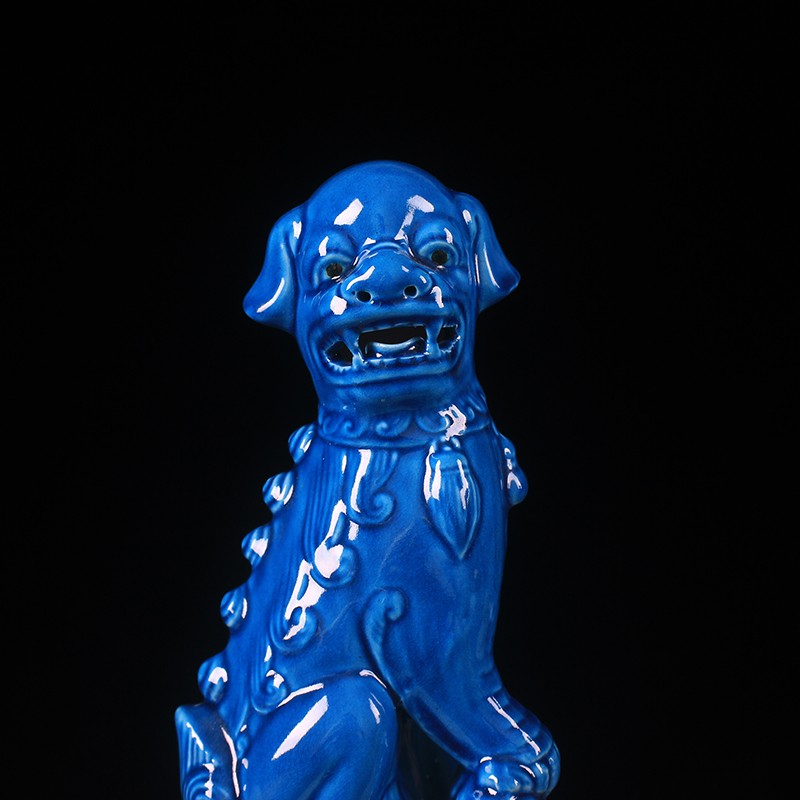泥之恋狮子摆件蓝色陶瓷器中式客厅书房软装饰如意雄狮店铺茶楼对瓷